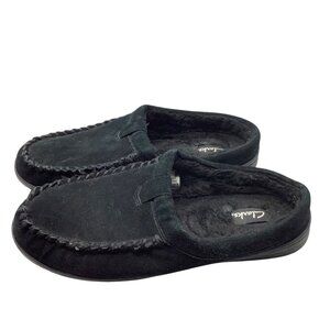 Clark's Black Suede Venetian Slippers Men Size 12 Faux Fur Lining